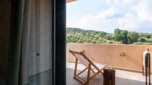 Guest room balcony with mountain view at Sagehill Stonehouse, Messinia